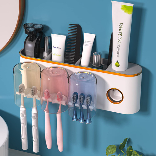 Toothbrush Holders Wall Mounted, DENSAIL Automatic Toothpaste Dispenser with 3 Cups, Electric Toothbrush Holder with Toothpaste Squeezer, 9 Toothbrush Organizer Slots and 3 Bathroom Storage Toothbrush Holders Wall Mounted, DENSAIL Automatic Toothpaste Dispenser with 3 Cups, Electric Toothbrush Holder with Toothpaste Squeezer, 9 Toothbrush Organizer Slots and 3 Bathroom Storage