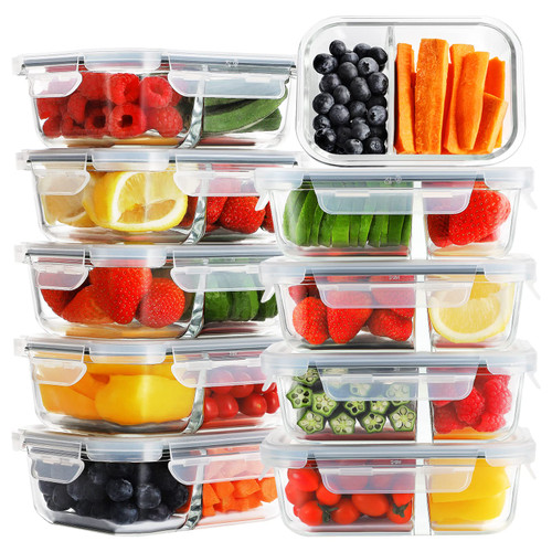 Bayco 10 Pack Glass Meal Prep Containers 2 Compartment, Food Storage Airtight Glass Lunch Bento Boxes, BPA-Free & Leak Proof (10 lids & 10 Containers) - Grey Bayco 10 Pack Glass Meal Prep Containers 2 Compartment, Food Storage Airtight Glass Lunch Bento Boxes, BPA-Free & Leak Proof (10 lids & 10 Containers) - Grey