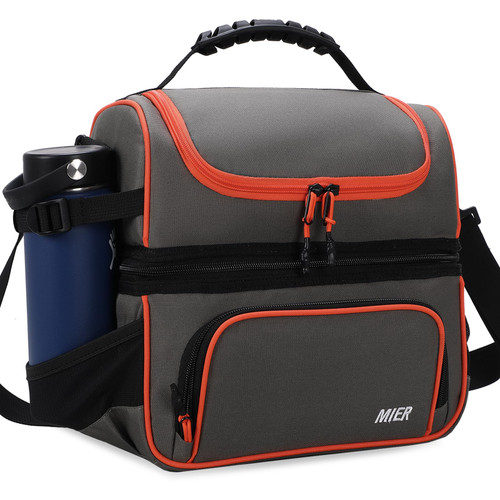MIER 2 Compartment Lunch Bag Tote with Shoulder Strap for Men and Women Insulated Leakproof Cooler Bag, Grey/Orange