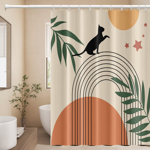 Umpoo Mid Century Abstract Boho Shower Curtain for Bathroom Sun Eucalyptus Leaves Black Cat Shower Curtains with Hooks Modern Minimalist Geometric Aesthetic Shower Curtain Decorative, 48x72 Inch