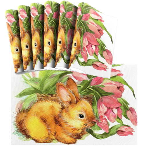 Naanle Easter Holiday Placemat Set of 6, Rabbit Bunny and Flower Watercolor Heat-Resistant Washable Table Place Mats for Kitchen Dining Table Decoration