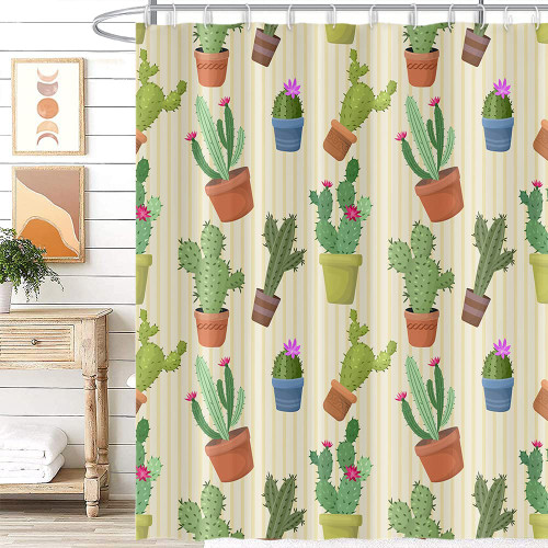Umpoo Cactus Shower Curtain Set with Hooks Tropical Green Succulent Saguaro Potting Floral Plants Bathroom Decor Waterproof Polyester Fabric Accessories Bath Curtain, 72x72 Inch