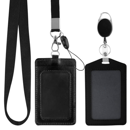 Vetoo 2 Pack Vertical PU Leather ID Badge Card Holder with Detachable Neck Lanyard Strap and Retractable Badge Reel ID Card Holders for School Office