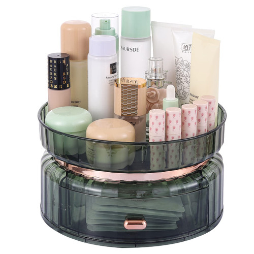 360 Rotating Makeup Organizer Perfume Tray With Drawers,Cosmetic Desk Storage Lotions Display Case Large Capacity Lazy Susan Bathroom Countertop and Skincare Organizer for Dresser Vanity,Green