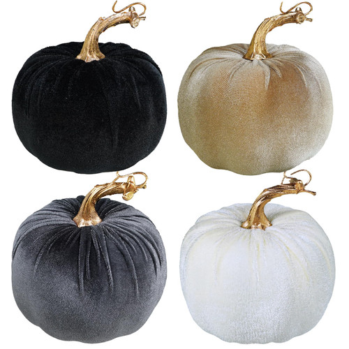 Winlyn 4 Pcs Assorted Faux Velvet Pumpkins Decorative Fabric Pumpkins Foam Pumpkins in White Black Gray Taupe 5" for Thanksgiving Halloween Fall Wedding Centerpiece Table Mantel Farmhouse Decorations