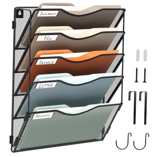 BOHDK Wall File Organizer 5 Pockets, Hanging File Organizer, Foldable Mesh Hanging File Holder with Label Panel | 2 Hooks | Wall Mount & Door Hanging for Office Home