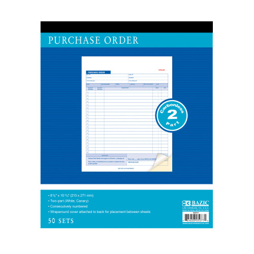 BAZIC Purchase Order Book, 30 Sets 8 3/8" x 10 11/16" 2-Part Carbonless, White & Canary, Bound Wraparound Cover (50 Sets/Pack), 12-Packs