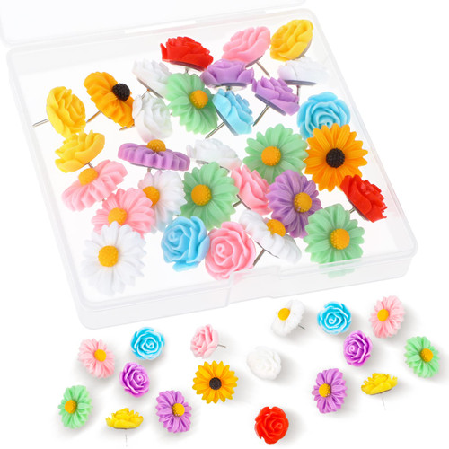 Ouligay 30PCS Decorative Pushpins Flower Pushpins Decorative Push Pins Cork Board Tacks Colorful Floret Thumbtacks Flower Thumb Tacks Bulletin Board Tacks for CorkBoard, Office Organization or Home