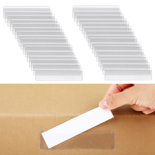 TIESOME 32 Pack 1.2" x 4.3" Self Adhesive Label Holders with 32Pcs Paper Label Inserts, Shelf Tag Label Holder Clear Pockets for Bookshelf Mailbox Shelves Storage Bins