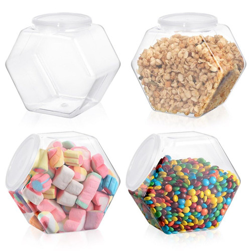 yeesport 4 PCS Plastic Hexagon Candy Jars, 72oz Plastic Cookie Jars with Lids, Food Storage Container, Wide Mouth Plastic Jar, Reusable Cookie Container, Countertop Organizer for Kitchens, Restaurants, Coffee Shops