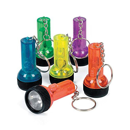 Large Beam Flashlight Key Chains. Assorted Transparent Fun Colors. Batteries Included (Pack of 12) Size 2 1/8". Plastic.