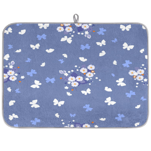 Butterfly And Flowers Blue Dish Drying Mat for Kitchen Counter Reversible Microfiber Absorbent Dish Drying Pads Dry Dish Drainer Mat 18 x 24 in
