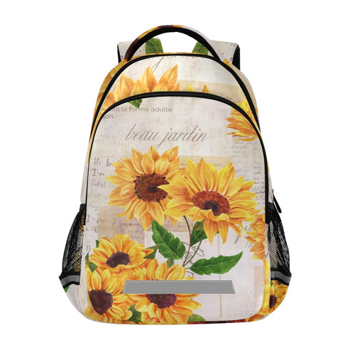 Sunflower School Backpack for Boys Girls, Yellow Floral Bookbag Elementary Schoolbag Travel Bag Casual Daypack Rucksack for Students One Size