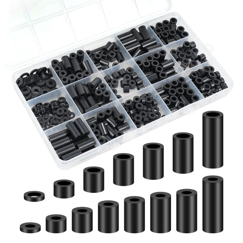 WEGOUP Spacers, Nylon Spacers, Plastic Spacers Washers Assortment Kit, 345 Pcs Electrical Outlet Screw Spacers, M3 M4 Black Round Spacers Unthreaded for Electrical Screws, Switch and Receptacle