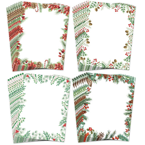 AnyDesign 60Pcs Christmas Stationery Paper 4 Design Christmas Green Plants Border Letterhead Winter Decorative Writing Paper for Xmas Notes Greeting Cards Invitation Office School Printing, 8.5 x 11"