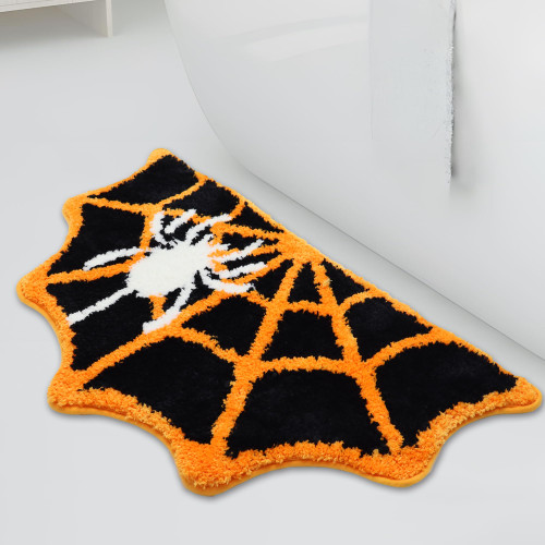Aorsost Spider Web Skull Bath Mat Halloween Bathroom Rug Non-Slip Bath Mats Gothic Home Decor Horror Scary Doormat Carpet for Kitchen Bedroom (31.5"x15.7"-Orange)