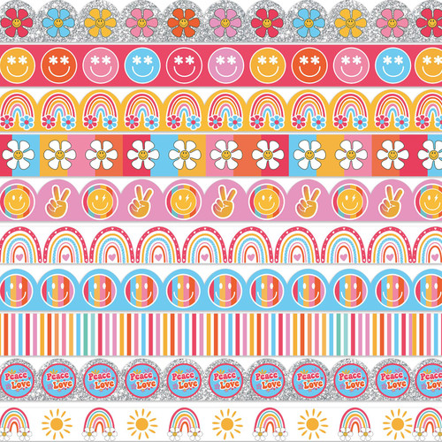 AnyDesign 80Ft Groovy Bulletin Board Borders Boho Smile Rainbow Daisy Sun Retro Floral Pink Hippie Trim Boarders Bulletin Board Stickers for Classroom Office Nursery Elementary School Party Decor