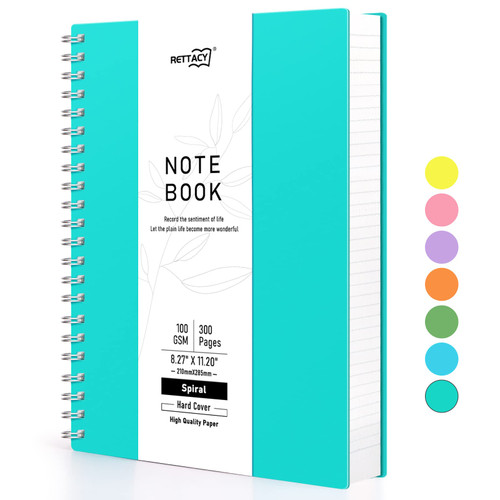 RETTACY Spiral Notebook 300 Pages - A4 Large Spiral Journal with 8.27"x 11.2",100gsm College Ruled Paper,Hardcover,Twin-Wire Binding,School Supplies Spiral Journal Notebook for Women Men Use