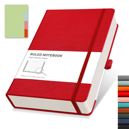 RETTACY College Ruled Notebook with 320 Numbered Pages - A5 Thick Journal for Women,Lined Journal Notebook with 100GSM Lined Paper,PU Leather,Hardcover,Inner Pocket,5.75'' X 8.38''-Red