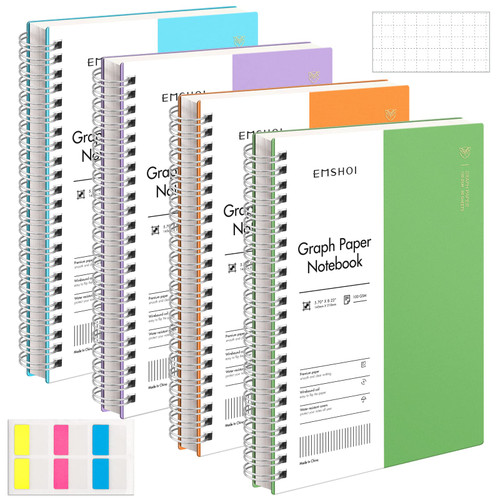 EMSHOI Graph Paper Spiral Notebook, 4 Pack 5.7" x 8.22" A5 Small Grid Notebook, 640 Pages 100gsm Thick Graph Journal with Sticky Notes, Plastic Hardcover, Blue, Purple, Orange, Green