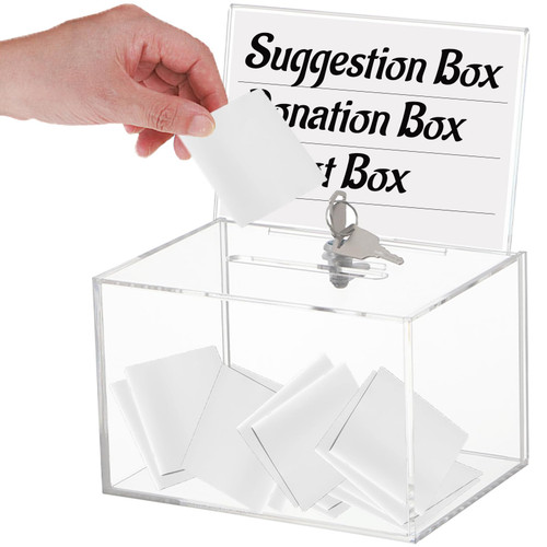 ALMOXVYE Acrylic Donation Box with Lock, 6.3 x 4.5 x 4 Inch Suggestion Box with Sign Holder, Clear Ballot Box for Voting, Raffle, Business Cards, Charity, Suggetstion Collection,Tip Jar