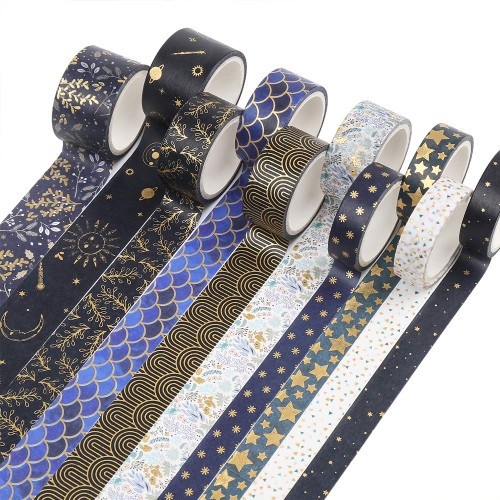 CCINEE Black Gold Foil Washi Tape,Floral Decorative Masking Tapes for Bullet Journal Scrapbook Planner Art Craft,10 Rolls
