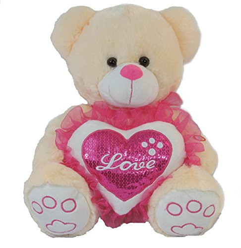 Calplush Cuddles 14" Musical Bear with Pink Shiny Heart Plush - Beige Animal Plush Doll