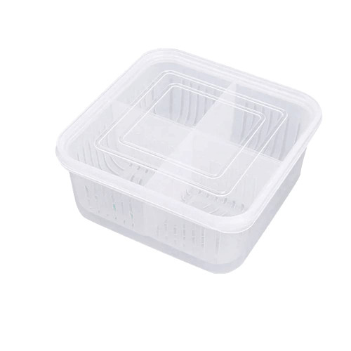 ikasus Food Storage Containers with 4 Compartments and Lids Food Storage Box with Drain Baskets Plastic Stackable Leak Proof Food Fresh Box For Fresh Produce Vegetable Fruit Salad in Refrigerator