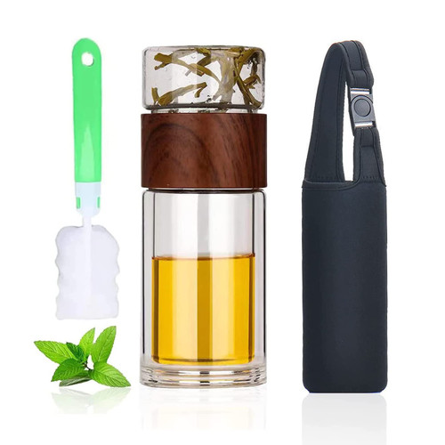 Snminetal Double Wall Glass Water Bottle-With Tea Infuser-Tea and Water Separation Bottle Mug Cup,For Green or Iced Tea Cold Brew Coffee Cup or Hot or Cold Water Travel bottles (A style)