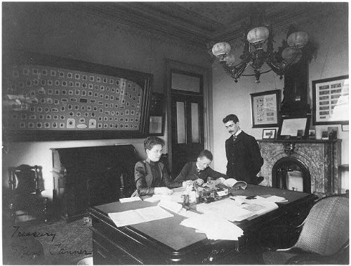 HistoricalFindings Photo: Treasury Department Employees,Miss Tanner,1890,Desk,2 Men,Woman,Washington,DC