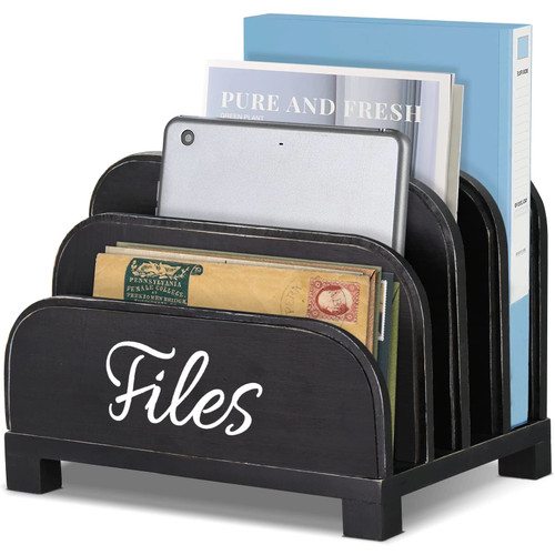 File Organizer for Desk, 4 Slots Wood Desktop File Organizer for Document Letter Envelope Mail Paper Folder Bill, Desktop File Folder Holder for Desk Organizer and Accessories