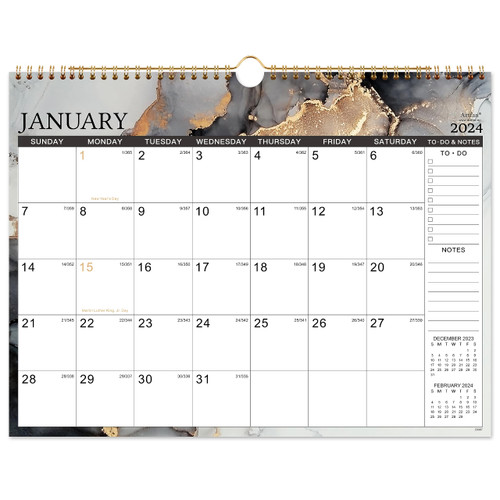 Calendar 2024 - 2024 Wall Calendar from January 2024 to December 2024, 14.6" x 11.5", 18 Monthly Wall Calendar 2024 with Twin-Wire Binding + Hanging Hook + Thick Paper + Unruled Blocks with Julian Dates - Black