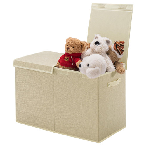 Apicizon Large Toy Box Chest for Boys Girls Storage Organizer, Collapsible Toy Storage Bins with Double Flip-Top Lid,Removable Divider, Kids Toy Chest for Nursery Playroom, Bedroom, Living Room, Beige