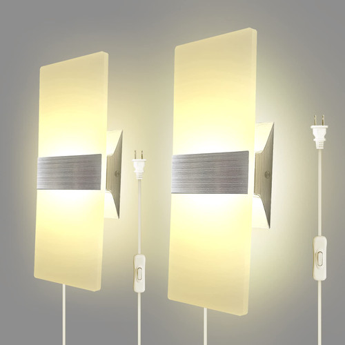 KICAAO Wall Sconces Set of Two, Modern Wall Sconce Plug in 10W 2700K Warm White Acrylic Wall Lights with 6FT/180cm Plug in Cord and On/Off Switch on The Cord