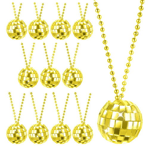 Disco Ball Necklaces 12 Pieces Mirror Disco Ball Costume Necklaces 1.18 Inch Disco Ball Necklaces for 60s 70s Disco Party Decorations Disco Party Favor and Supplies Stage Game Accessories (Gold)