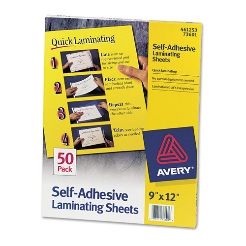 Avery : Clear Self-Adhesive Laminating Sheets, 3mm, 9 x 12, 50 per Box -:- Sold as 2 Packs of - 50 - / - Total of 100 Each