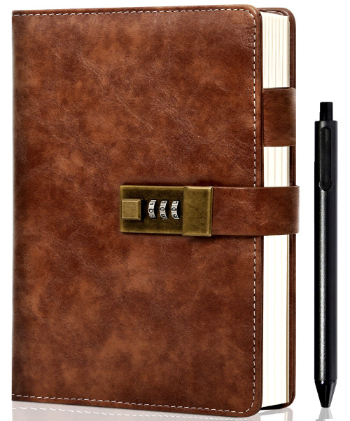 Journal with Lock for Men and Women, Waterproof Diary with Lock 192 Pages Mens Locked Journal with Pen, A5 PU Leather Journal with Lock Journal for Men, Password Protected Notebook with Lock, Brown