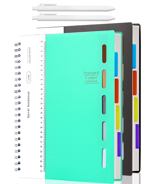 Yoment 2 Pack 5 Subject Notebook 8.5 x 11 Large Spiral Notebook with Dividers and Tabs Hardcover Spiral Notebook College Ruled Multi Subject Notebooks for Work Office Students,A4 Teal&Black