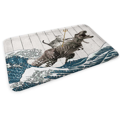 Boziqr Funny Cat Bath Mat, Cool Cat Dinosaur Japanese Ocean Wave Decor Soft Bathroom Rugs, Rustic Wooden Barn Farmhouse Bath Mat, 24 x 16 Inches