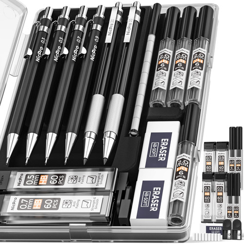 Nicpro 6 PCS Art Mechanical Pencils Set, Black Metal Drafting Pencil 0.3, 0.5, 0.7, 0.9 mm & 2PCS 2mm Graphite Lead Holder(4B 2B HB 2H) For Writing Sketching Drawing With 8 Lead Refills Eraser Case