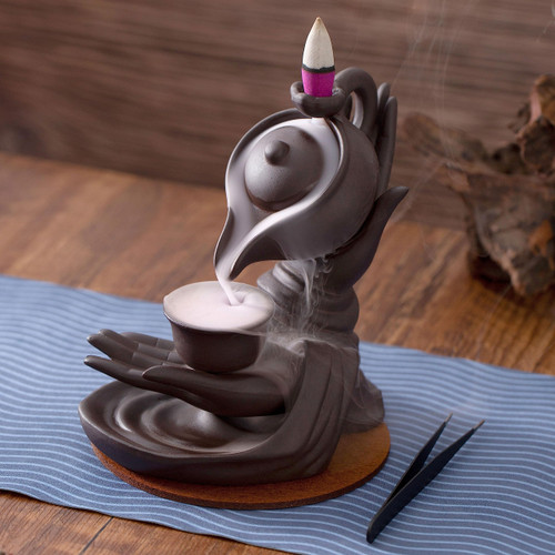Incense Waterfall Burner - Backflow Incense Burner - Creative Incense Waterfall Fountain - Ceramic Buddha Hand Smoke Incense Cone Holder