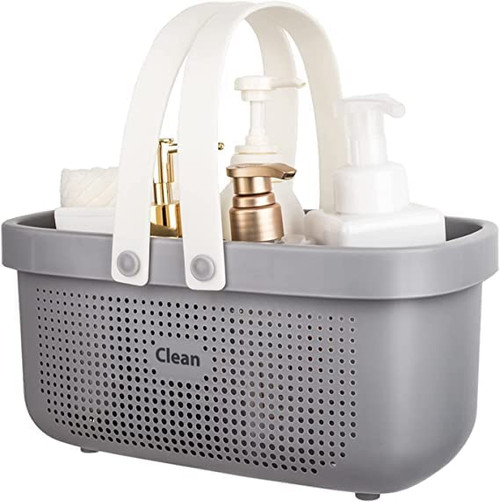 kamuavni Portable Shower Caddy Basket, Plastic Storage Baskets with Handles, Drainage Toiletry Organizer Bin, Dorm Shower Tote Bag for Bathroom, Kitchen, Closet, Bedroom, College, Gym, Camp - Grey