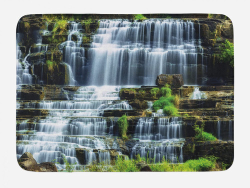Ambesonne Rainforest Bath Mat, Waterfall in The Middle of Tropical Jungle Natural Scenery Countryside Style, Plush Bathroom Decor Mat with Non Slip Backing, 29.5" X 17.5", Green White