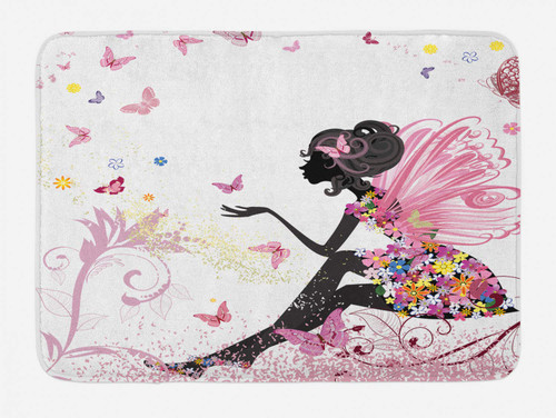 Ambesonne Fantasy Bath Mat, Girl Silhouette in a Floral Dress Surreal Garden Flying Butterflies Print, Plush Bathroom Decor Mat with Non Slip Backing, 29.5" X 17.5", Pink White