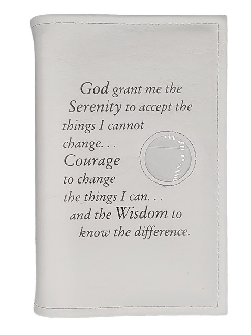 Alcoholics Anonymous AA Big Book Cover Serenity Prayer & Medallion Holder Misty White