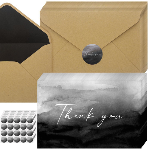 100 Pcs Thank You Cards with Envelopes 100 Stickers, Classy Thank You Notes Set Printable Thank You Gift Card Thank You Business Card with Brown Kraft Style Envelopes (Black)