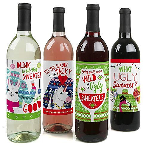 Wild and Ugly Sweater Party - Holiday and Christmas Animals Party Wine Bottle Label Stickers - Set of 4
