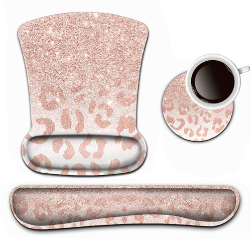 Keyboard Wrist Rest and Mouse Pad Wrist Support Set ,Pink Leopard Star Pattern Ergonomic Gel Mouse Pad ,Easy Typing Pain Relief, Memory Foam Keyboard Mousepad Set with Coasters