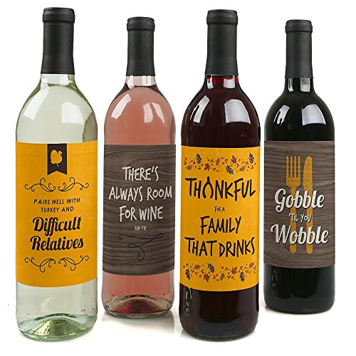 Gobble 'Til You Wobble - Thanksgiving Party Funny Wine Bottle Labels - Set of 4