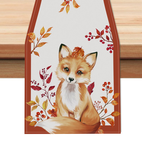 Bonhause Fall Deer Fox Table Runner 13x72 Inch Autumn Leaves Thanksgiving Kitchen Dining Table Decoration for Indoor Outdoor Home Party Decor
